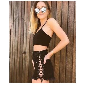 Black lace up jean shorts